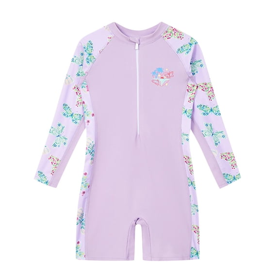 WRKEKC Girls Swimsuit Cartoon Print Long Sleeve Rash Guard Zip Front One Piece Bathing Suit 2-12 Years