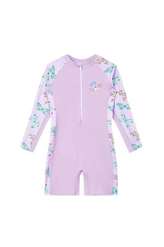 Girls Swimsuit Cartoon Print Long Sleeve Rash Guard Zip Front One Piece Bathing Suit 2-12 Years