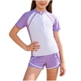 thumbnail image 1 of WRKEKC Girls Swimsuit Color Block Short Sleeve Half Zip Top with Boyshort Bottoms Two Piece Bathing Suit 3-13 Years, 1 of 5