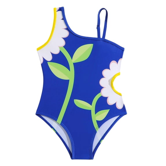 WRKEKC Girls Swimsuit Floral Print One Shoulder Cutout Sleeveless One Piece Bathing Suit 8-12 Years