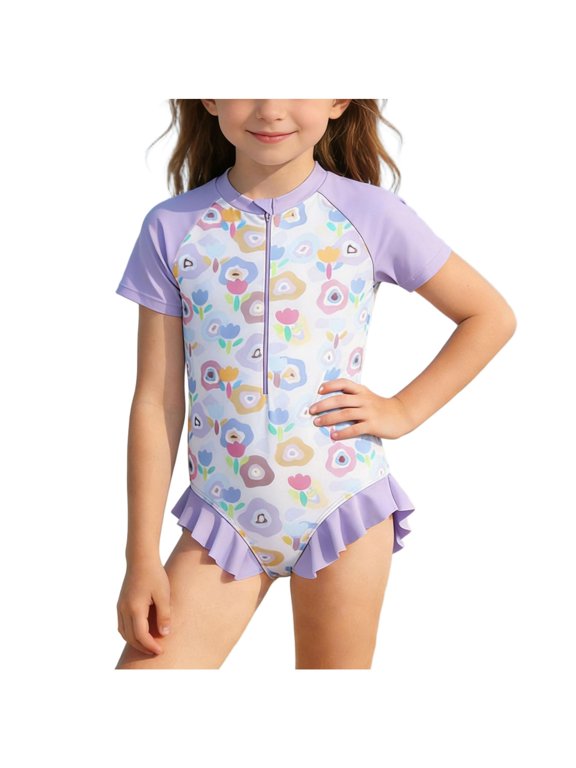 Girls Swimsuit Floral Print Short Sleeve Rash Guard Half Zip Front Ruffled Trim One Piece Bathing Suit 3-10 Years
