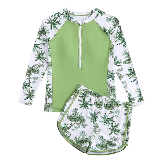 WRKEKC Girls Swimsuit Palm Leaf Print Long Sleeve Rash Guard with Boyleg Bottoms Two Piece Bathing Suit 13-16 Years