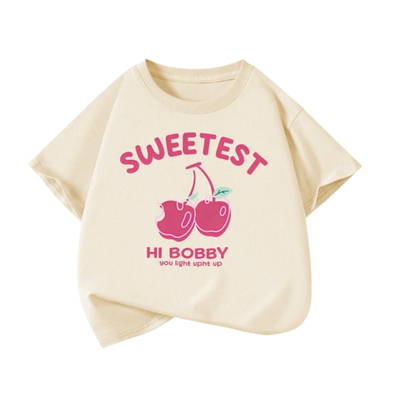 WRKEKC Girls T Shirts Cherry Print Cotton Short Sleeve Round Neck Breathable Tee for 3-14 Years Summer Sweet Style Lovely Design