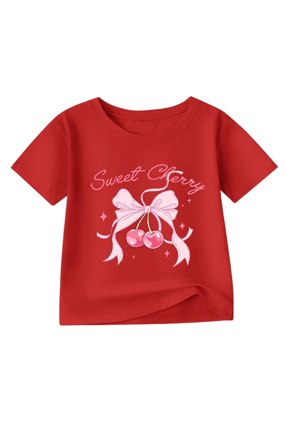 Girls T Shirts Cherry Print Cotton Short Sleeve Round Neck Breathable Tee for 3-14 Years Summer Sweet Style Lovely Design