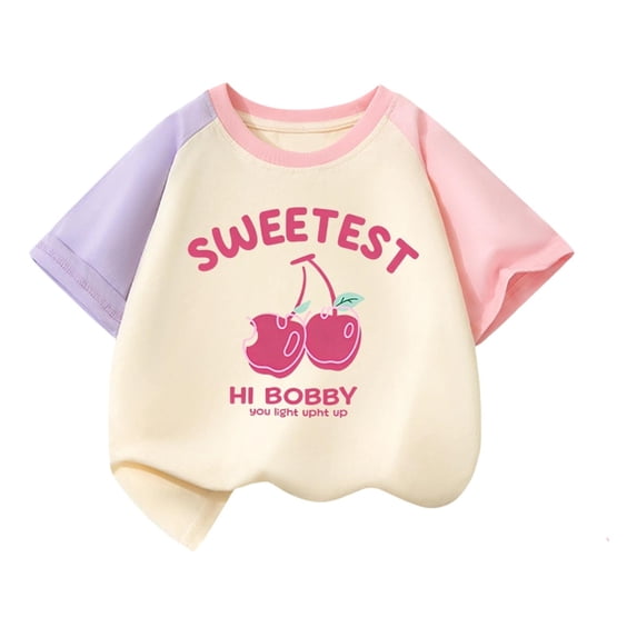 WRKEKC Girls T Shirts Cherry Print Cotton Short Sleeve Round Neck Breathable Tee for 3-14 Years Summer Sweet Style Lovely Design