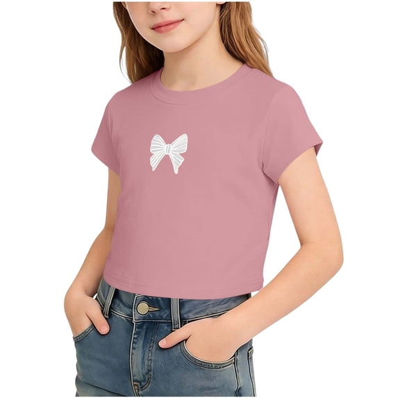 WRKEKC Girls T Shirts Heart Print Round Neck Short Sleeve Casual Sweetheart Graphic Top for 5-15 Years