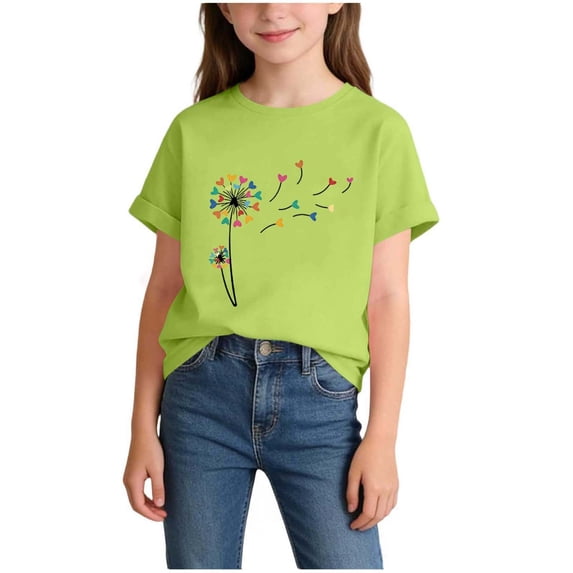 WRKEKC Girls T-Shirts Kids Print Round Neck Short Sleeve Casual Cotton Tee for Daily Wear 2-14 Years