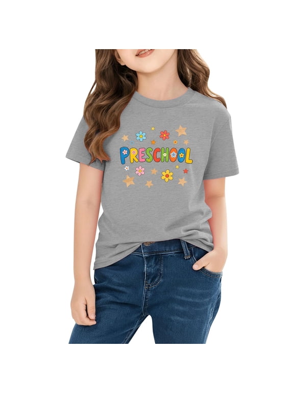 Girls T-Shirts Short Sleeve Round Neck Print Soft Cotton Tops with Preschool Beginnings Pattern for Kids Daily Wear 3-10 Years