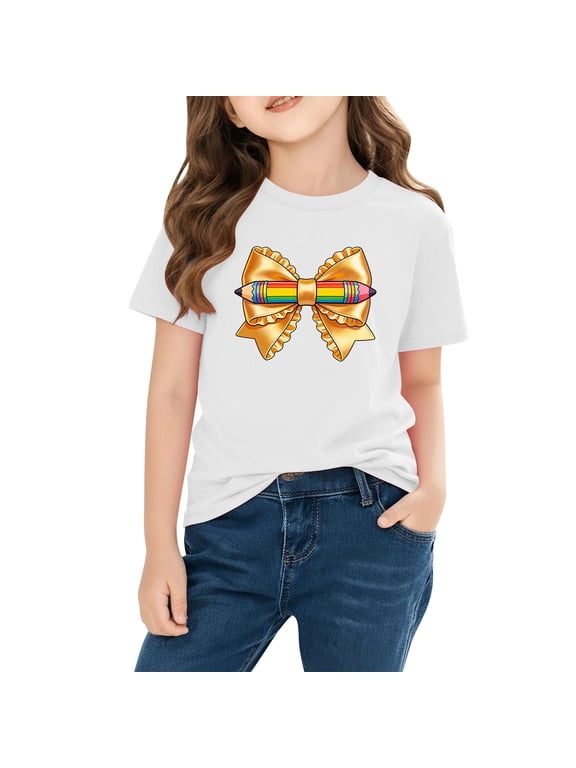 Girls T-Shirts Short Sleeve Round Neck Print Soft Cotton Tops with Preschool Beginnings Pattern for Kids Daily Wear 3-10 Years