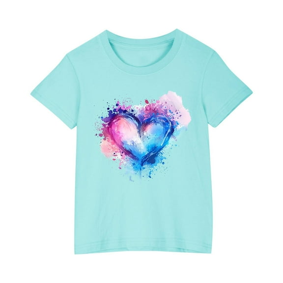 WRKEKC Girls T-Shirts, Summer Tops for Girls, Girls' Summer Casual Comfortable Heart Print Round Neck Short Sleeve Soft T-Shirts