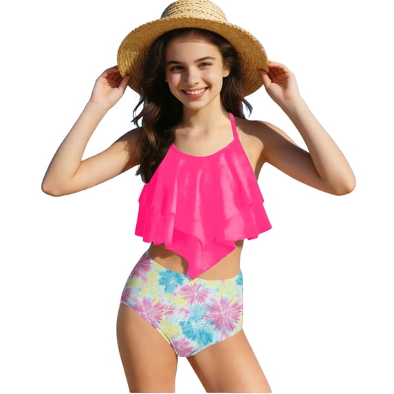WRKEKC Girls Tankini Set 2 Piece Halter Twist Cutout Solid Color Drawstring Shorts Removable Pads 7-14 Years