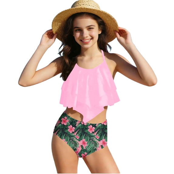 WRKEKC Girls Tankini Set 2 Piece Halter Twist Cutout Solid Color Drawstring Shorts Removable Pads 7-14 Years