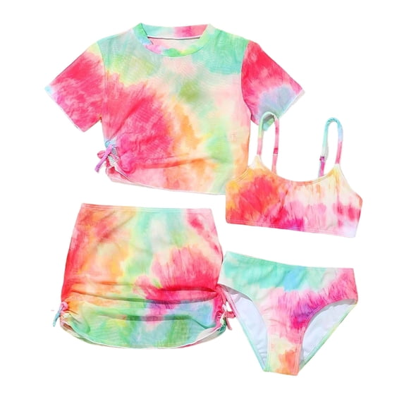 WRKEKC Girls Tankini Set 4 Piece Tie Dye High Waist Top and Skirt with Shorts Modest Beach 8-14 Years