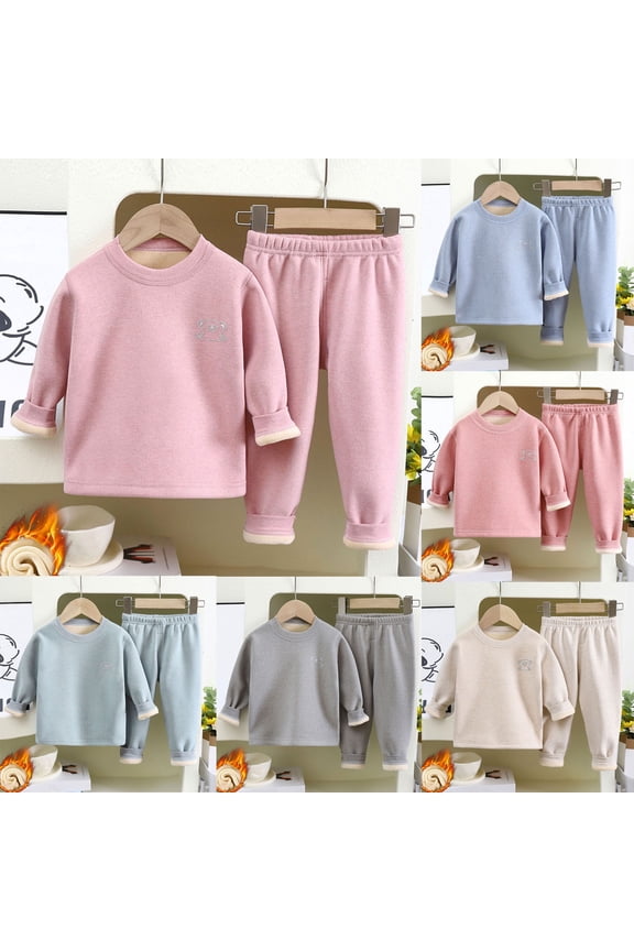 Girls Thermal Underwear Set 2-12 Years Silk Fleece Lined Print Crew Neck Top and Pants Two Piece Warm Winter Outfit