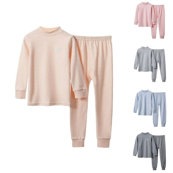 WRKEKC Girls Thermal Underwear Set 2-16 Years Solid Color Fleece-Lined Crew Neck Top and Pants Warm Winter Set