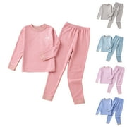 WRKEKC Girls Thermal Underwear Set 2-16 Years Striped Pattern Thickened Heavyweight Fleece-Lined Crew Neck Top and Elastic-Waist Pants Winter Warm Loungewear Set