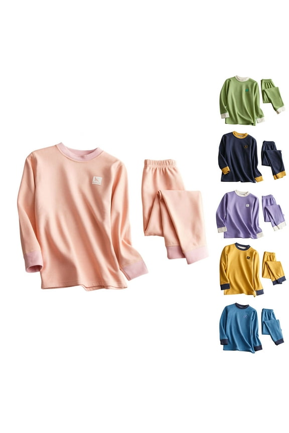 Girls Thermal Underwear Set 3-16 Years Color-Block Crew Neck Fleece-Lined Top and Pants Warm Winter Set