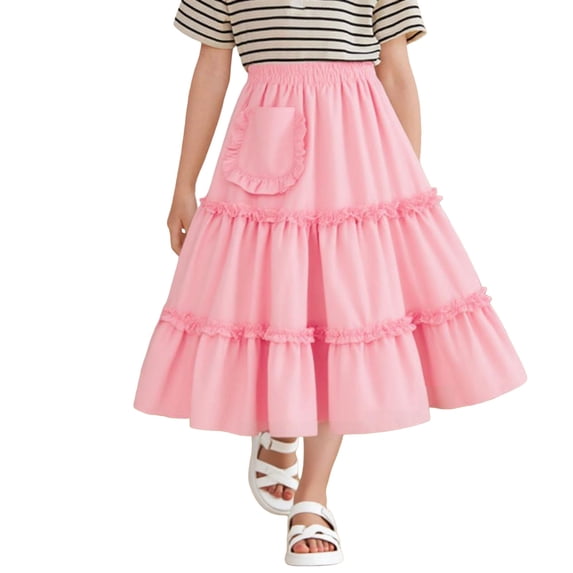 WRKEKC Girls Tulle Skirt Elastic Waist Solid Color Asymmetrical Hem Ruffled Soft Breathable Comfortable Cotton Fabric Lightweight Daily Wear 3-14 Years
