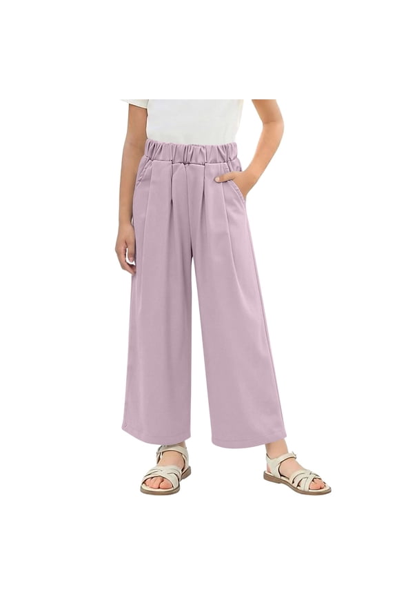 Girls Wide Leg Pants Solid Casual Loose Mountain Style Trousers for Summer with Elastic Waist 1-11 Years