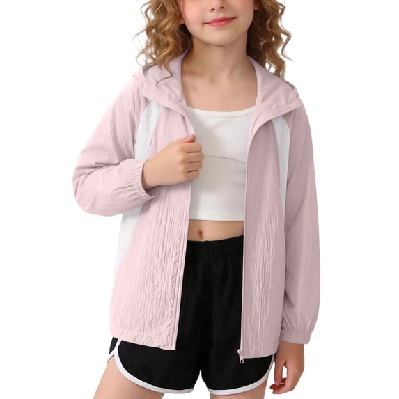 WRKEKC Girls Windbreaker Jacket Color Block Hooded Zip Up Pockets Long Sleeve Sporty Winter Jacket for 3-14 Years