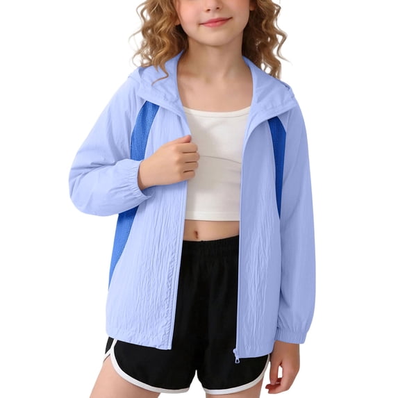 WRKEKC Girls Windbreaker Jacket Color Block Hooded Zip Up Pockets Long Sleeve Sporty Winter Jacket for 3-14 Years