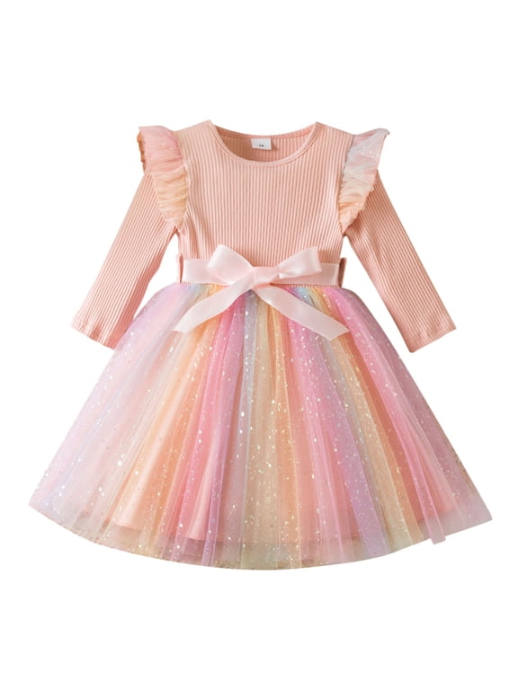 Girls Winter Dresses Fly Sleeve Ribbed Rainbow Sequin Round Neck Ruffle Mesh Cake Princess Dress Holiday 1-6 Years