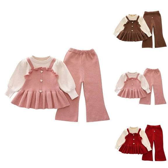 WRKEKC Girls Winter Outfits 0-11 Years Preppy Style Knit Long Sleeve Top and Flared Pants Two Piece Warm Fall Set