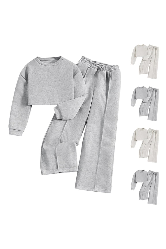 Girls Winter Outfits 8-12 Years Solid Color Long Sleeve Cropped Top and Wide Leg Pants Two Piece Casual Fall Set