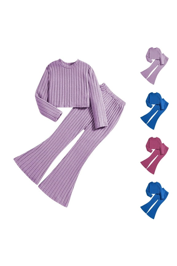 Girls Winter Outfits 8-12 Years Solid Color Ribbed Knit Long Sleeve Top and Flared Pants Two Piece Stylish Fall Set