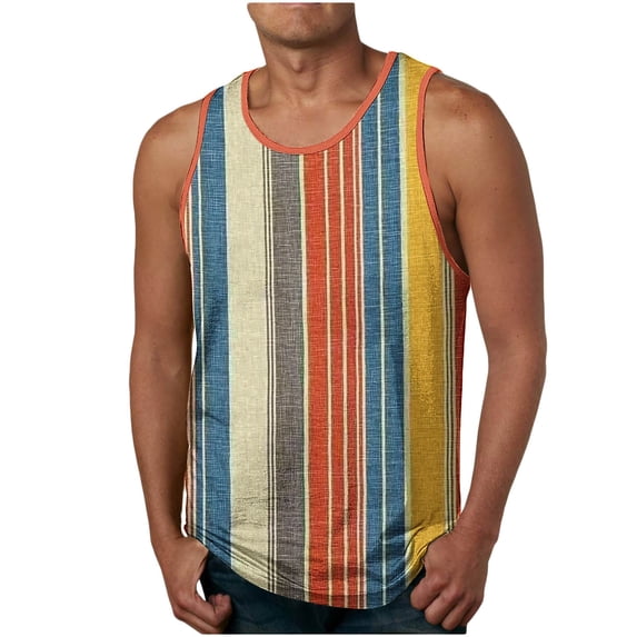 WRKEKC Gym Tank Tops for Men Stripe Print Stretch Rounded Neck Sleeveless Tee for Casual Summer Training