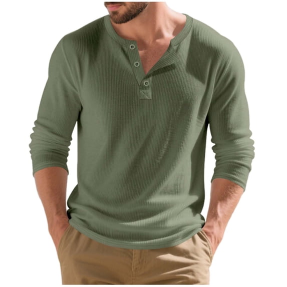 WRKEKC Henley Shirt Men Solid Color Ribbed Half Button Loose Crew Neck Casual Long Sleeve Layering Tee for Men Fall Winter