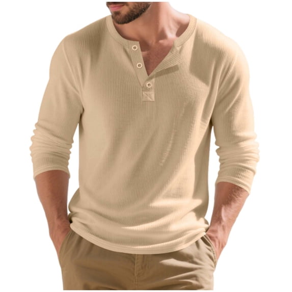 WRKEKC Henley Shirt Men Solid Color Ribbed Half Button Loose Crew Neck Casual Long Sleeve Layering Tee for Men Fall Winter