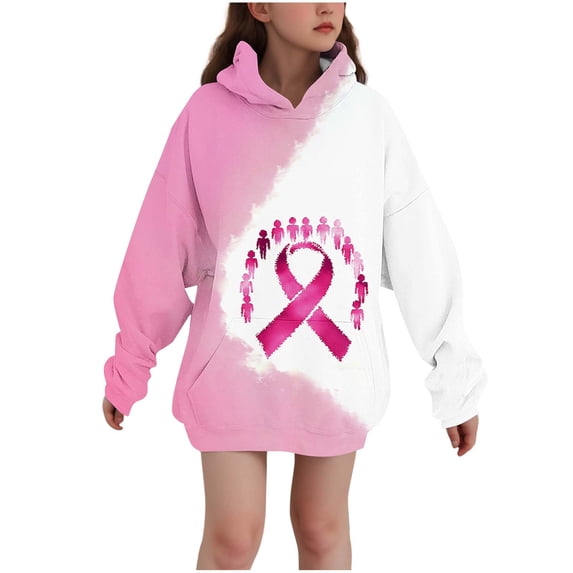 WRKEKC Hoodies for Girls Soft Warm Cozy Comfortable Long Sleeve Print Breast Cancer Awareness Ribbon Heart Pullover Hoodie with Pockets for Fall Winter 3-14 Years