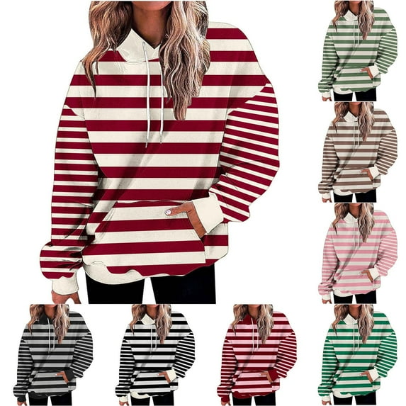 WRKEKC Hoodies for Women Loose Long Sleeve Drop Shoulder Striped Hooded Sweatshirt Top for Women Casual Daily Wear Stylish Comfortable