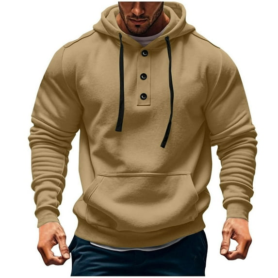 WRKEKC Hoodies for Men Solid Color Button Down Drawstring Hooded Sweatshirt with Kangaroo Pocket for Fall Winter Casual Daily & Lounge Outfits