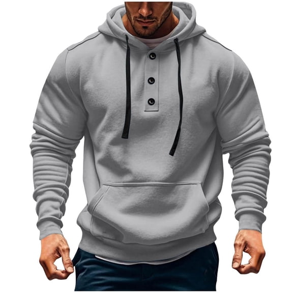 WRKEKC Hoodies for Men Solid Color Button Down Drawstring Hooded Sweatshirt with Kangaroo Pocket for Fall Winter Casual Daily & Lounge Outfits