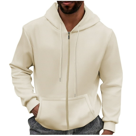 WRKEKC Hoodies for Men Solid Color Hooded Zip Up Sweatshirt Jacket Waffle Knit for Fall Winter Casual Sports and Daily Wear