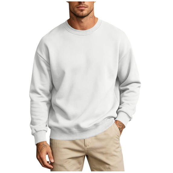 WRKEKC Hoodies for Men Solid Crew Neck Fleece Lined Long Sleeve Relaxed Fit Everyday Layering Sweat Tops