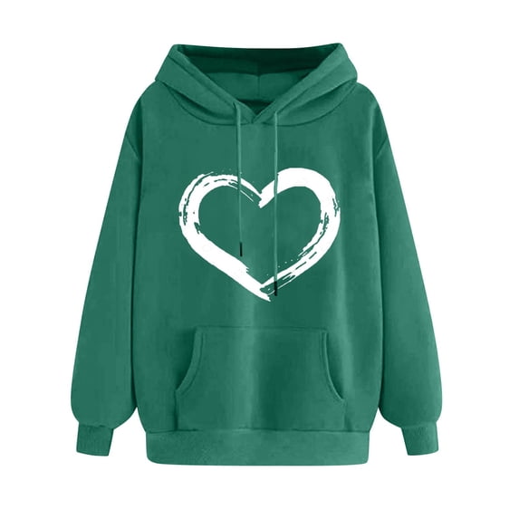 WRKEKC Hoodies for Women Heart Print Long Sleeve Hooded Drawstring Pullover Sweatshirt Top for Women Casual Wear