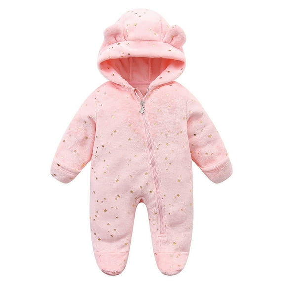 WRKEKC Infant Boys and Girls Star Print Plush Romper Hooded Bear Ear Footed Zipper Front Thickened Warm Snug Fitting Fall Winter OutFitting for 3-18 Months