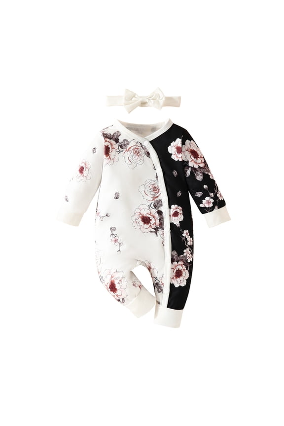 Infant Color-Block Floral Romper Wrap Front Snap Buttons Long Sleeve Thickened Warm Snug Fitting Fall Winter OutFitting for Boys and Girls 0-18 Months