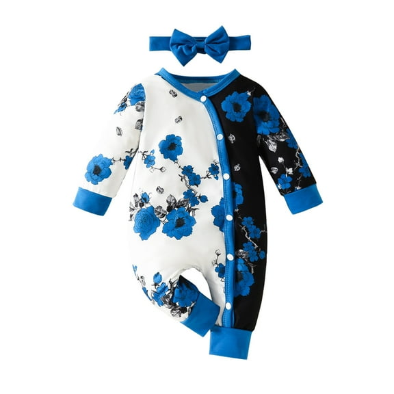 WRKEKC Infant Color-Block Floral Romper Wrap Front Snap Buttons Long Sleeve Thickened Warm Snug Fitting Fall Winter OutFitting for Boys and Girls 0-18 Months