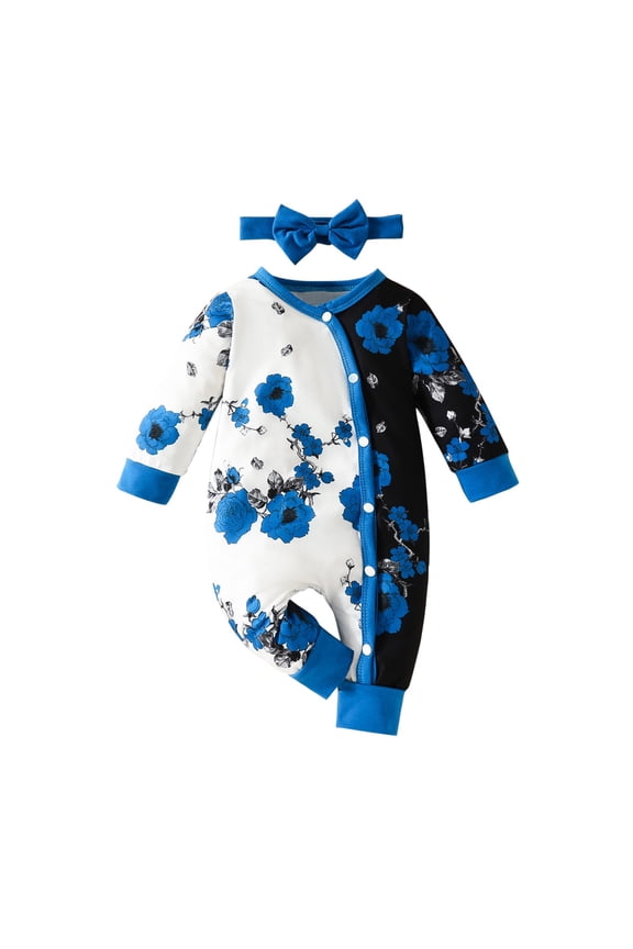 Infant Color-Block Floral Romper Wrap Front Snap Buttons Long Sleeve Thickened Warm Snug Fitting Fall Winter OutFitting for Boys and Girls 0-18 Months