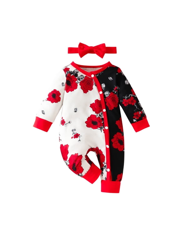 Infant Color-Block Floral Romper Wrap Front Snap Buttons Long Sleeve Thickened Warm Snug Fitting Fall Winter OutFitting for Boys and Girls 0-18 Months