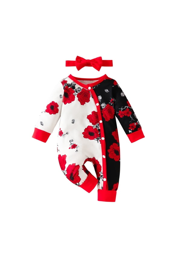 Infant Color-Block Floral Romper Wrap Front Snap Buttons Long Sleeve Thickened Warm Snug Fitting Fall Winter OutFitting for Boys and Girls 0-18 Months