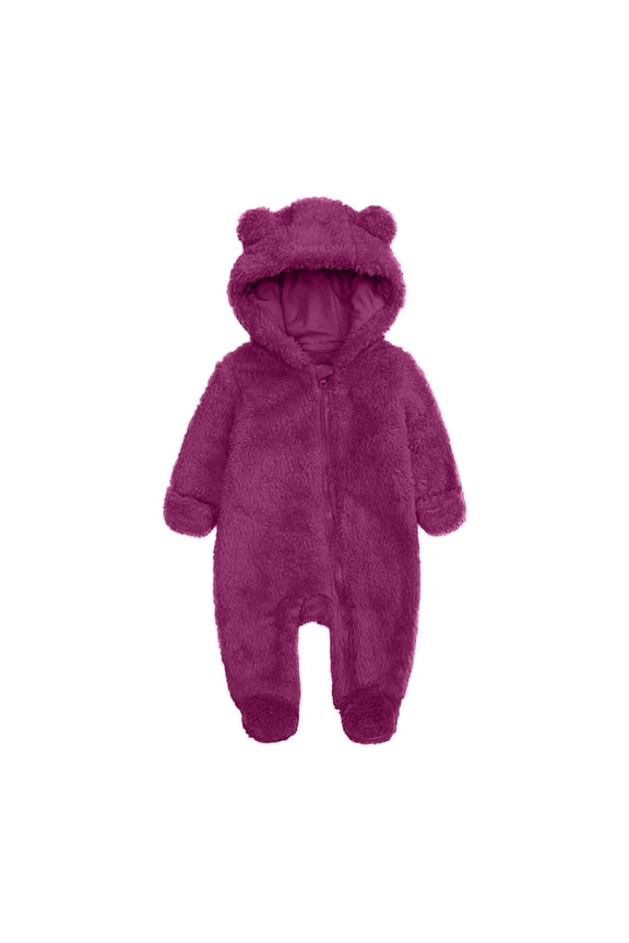 Infant Fleece Romper Boys and Girls Hooded Footed Zipper Front Solid Color Multi Tone Thickened Warm Snug Fitting Fall Winter OutFitting for 0-12 Months