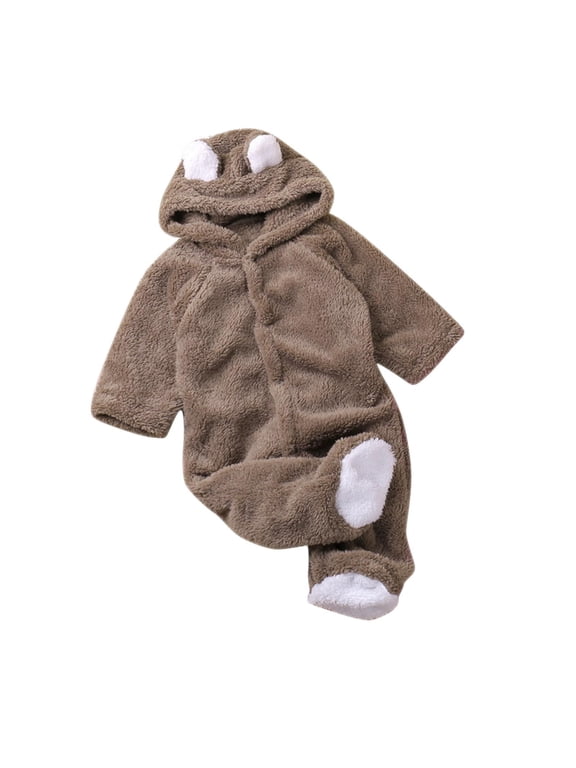 Infant Fleece Romper Hooded Footed Contrast Thickened Warm Snug Comfortable Fitting Fall Winter Jumpsuit for Boys and Girls 0-6 Months