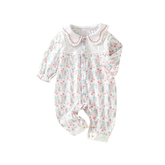 WRKEKC Infant Floral Print Romper Lace Collar Snap Buttons Long Sleeve Thickened Warm Snug Fitting Fall Winter OutFitting for Boys and Girls 3-24 Months
