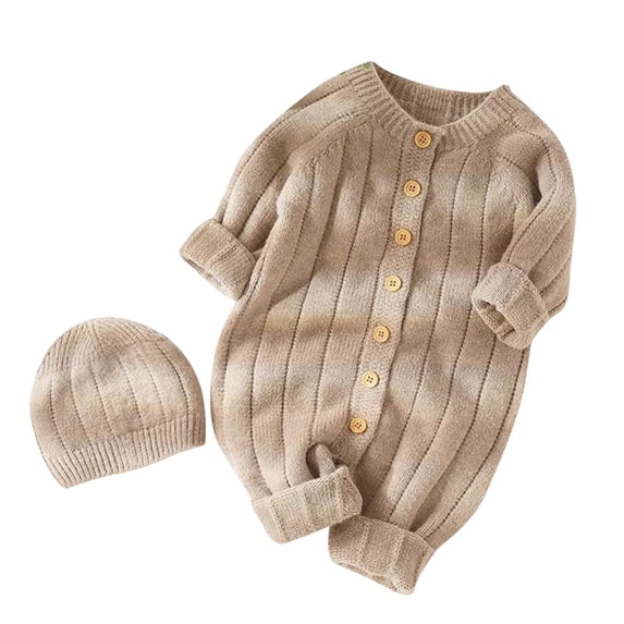 WRKEKC Infant Ribbed Knit Romper Set Matching Beanie Button Front Thickened Warm Snug Fitting Fall Winter OutFitting for Boys and Girls 6 Months-3 Years