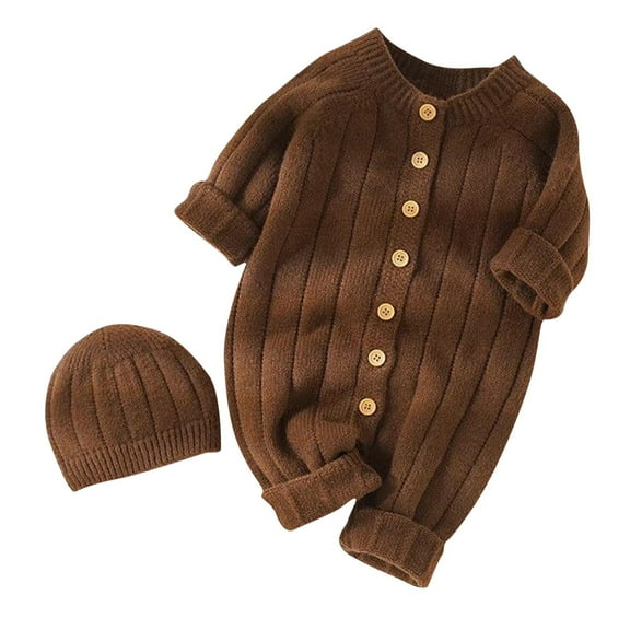 WRKEKC Infant Ribbed Knit Romper Set Matching Beanie Button Front Thickened Warm Snug Fitting Fall Winter OutFitting for Boys and Girls 6 Months-3 Years